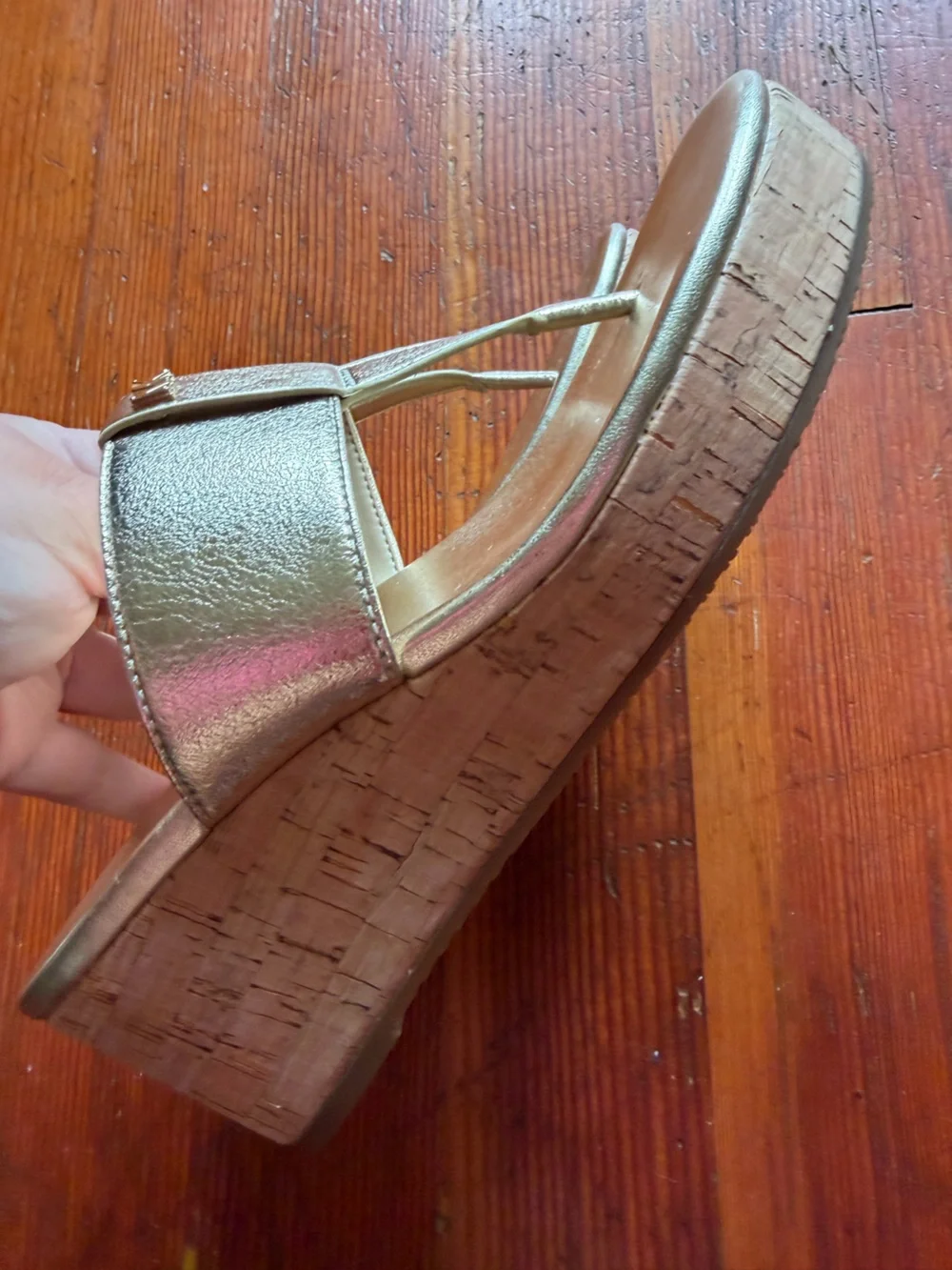 Michael Kors Metallic Gold Leather Thong Wedge Sandals